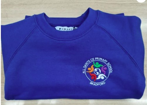 Blue school sweatshirt.